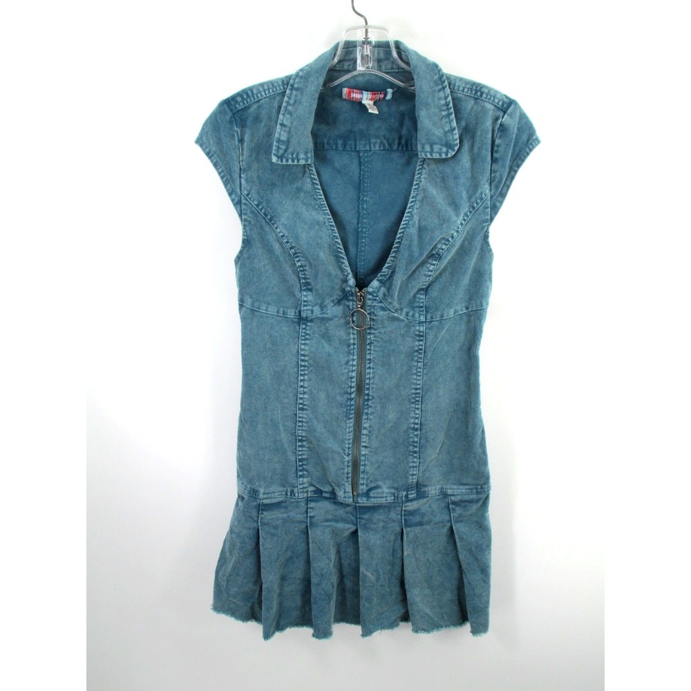 Urban Outfitters Blue Corduroy Mini Dress Medium Zip Front Pleated Raw Hem